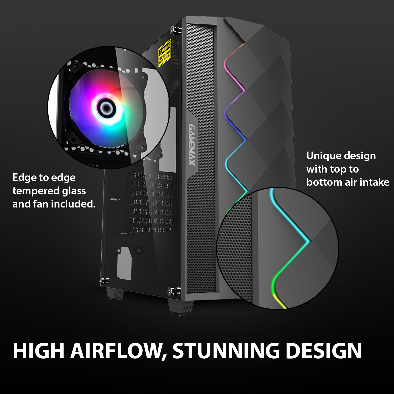  GameMax Black Diamond ARGB Mid-Tower PC Gaming Case, ATX, 3 Pin  Aura Male & Female Connectors, Built in ARGB LED Strip, 1 x 120mm ARGB Fan  Included, Water-Cooling Ready